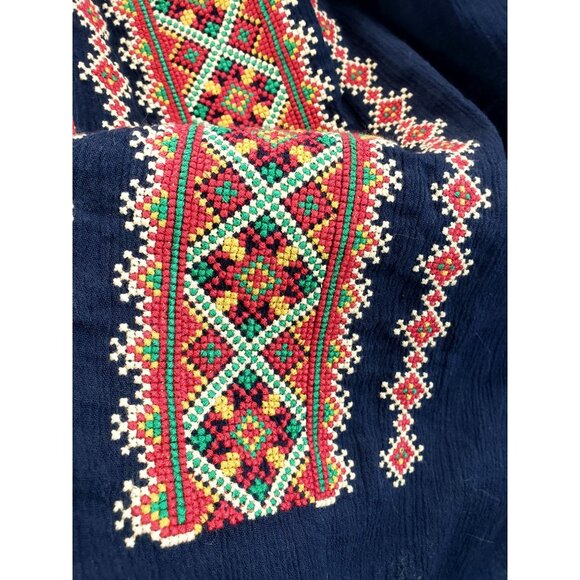Ukrainian Traditional Blouse XXL Navy Colorful Geometric CrossStitch Embroidery - Picture 6 of 11